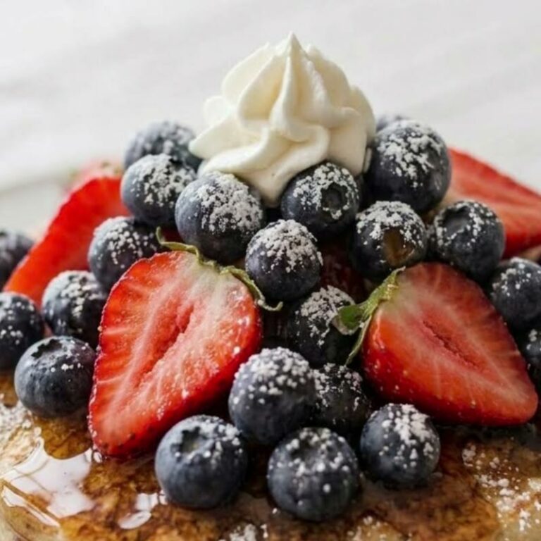 Berry Blast Pancakes with strawberries and blueberries