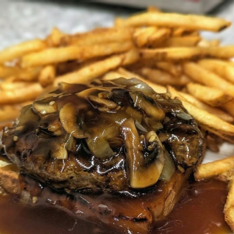 Hot Hamburger with mushroom gravy and fries